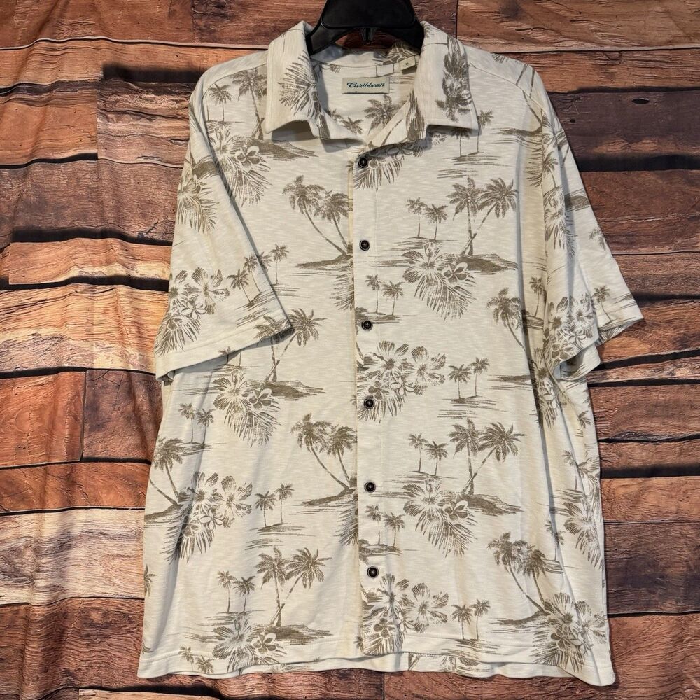 Caribbean Mens XL Button Up Shirt Palm Tree Hawaiian Short Sleeve Modal Blend